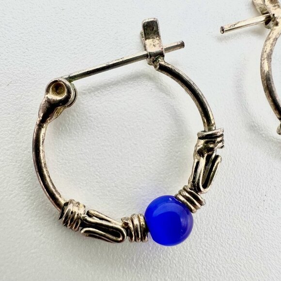 Vintage Silver Tone Hoop Earrings Blue Bead Wire Wrap Boho Gypsy Style Pair - Picture 3 of 9